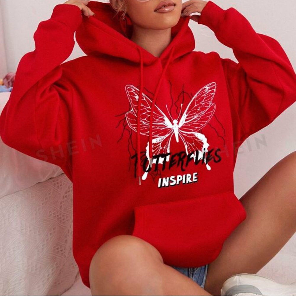 Butterfly & Letter Graphic Kangaroo Pocket Oversized Hoodie